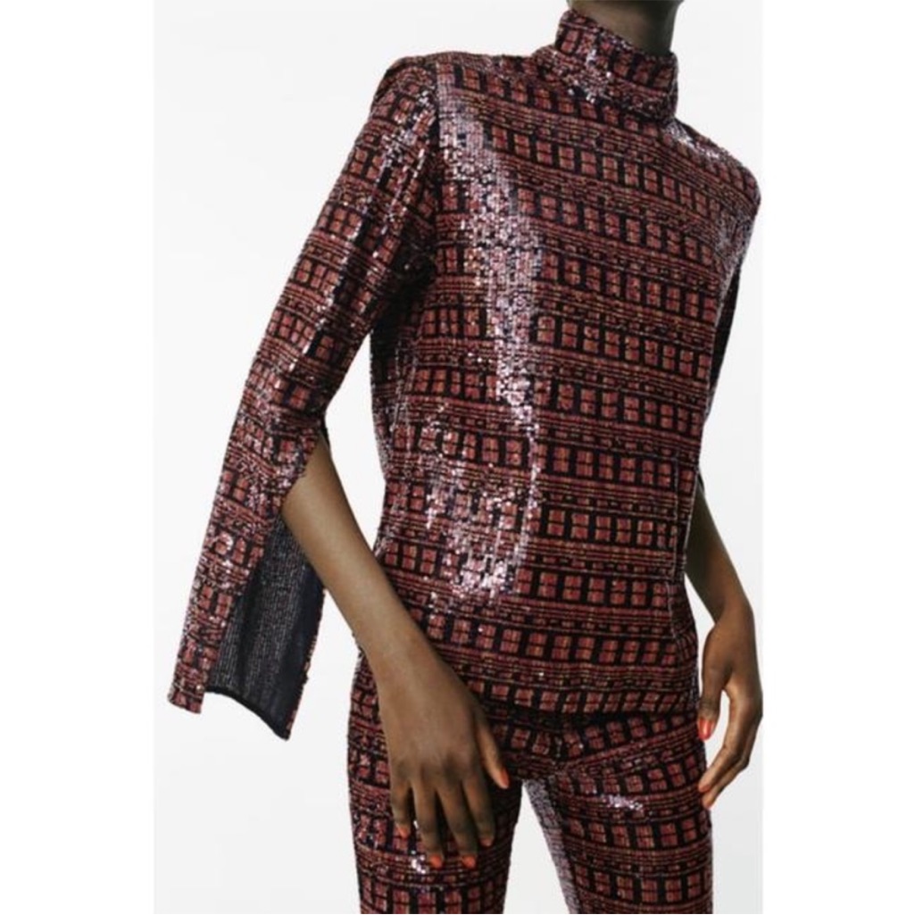 Zara Sequined Mock Neck Long Sleeve Top S